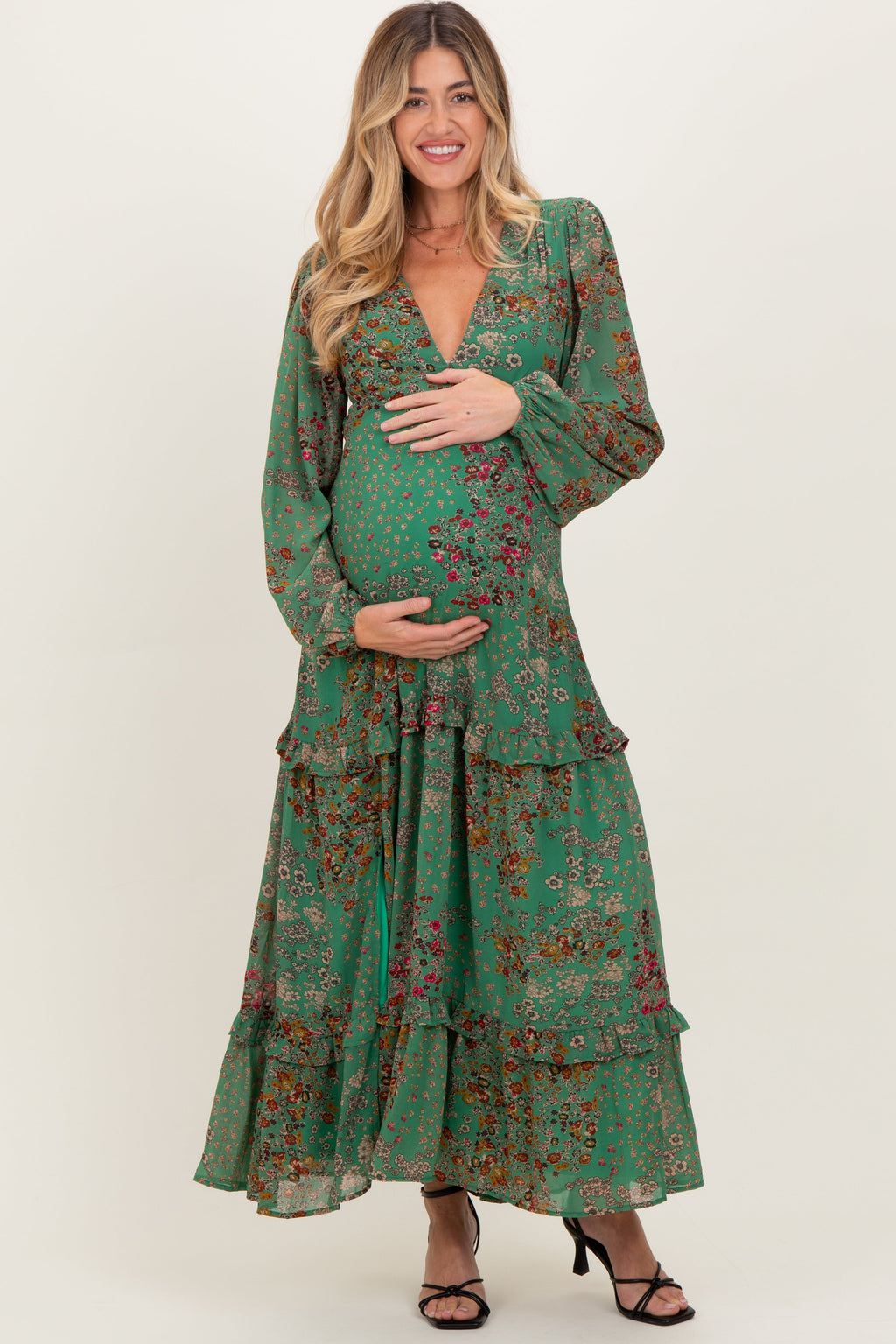 Green Floral Chiffon V-Neck Long Sleeve Maternity Maxi Dress