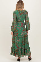 Green Floral Chiffon V-Neck Long Sleeve Maternity Maxi Dress
