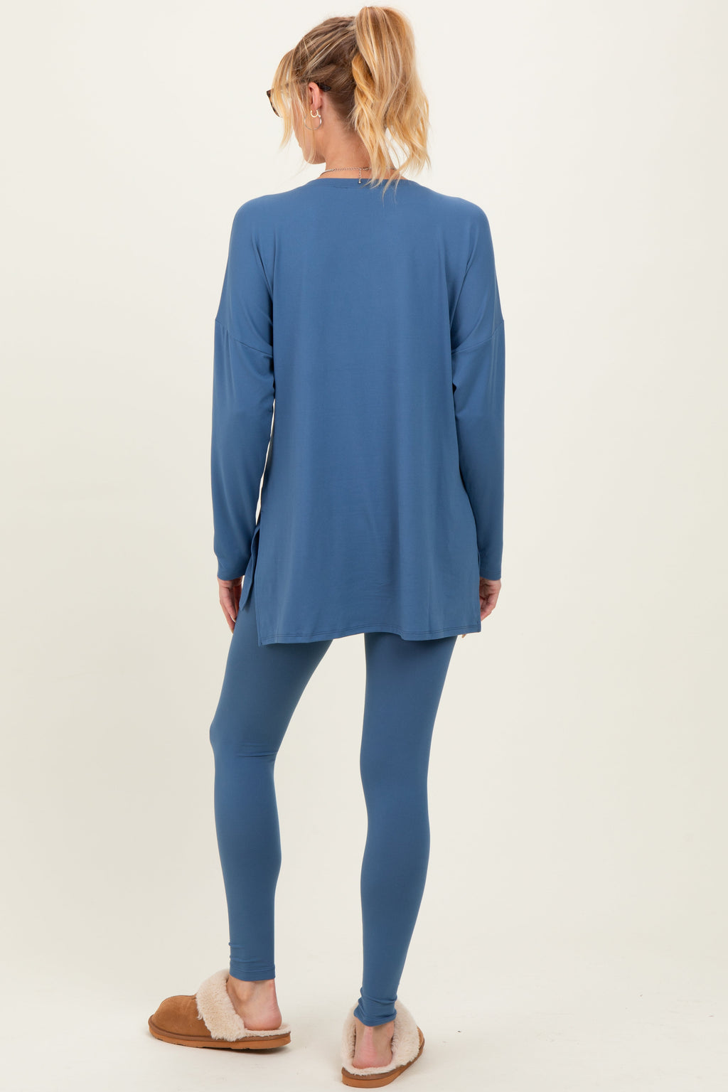 Blue Brushed Knit Maternity Oversized Top and Legging Set