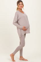 Beige Brushed Knit Maternity Oversized Top and Legging Set