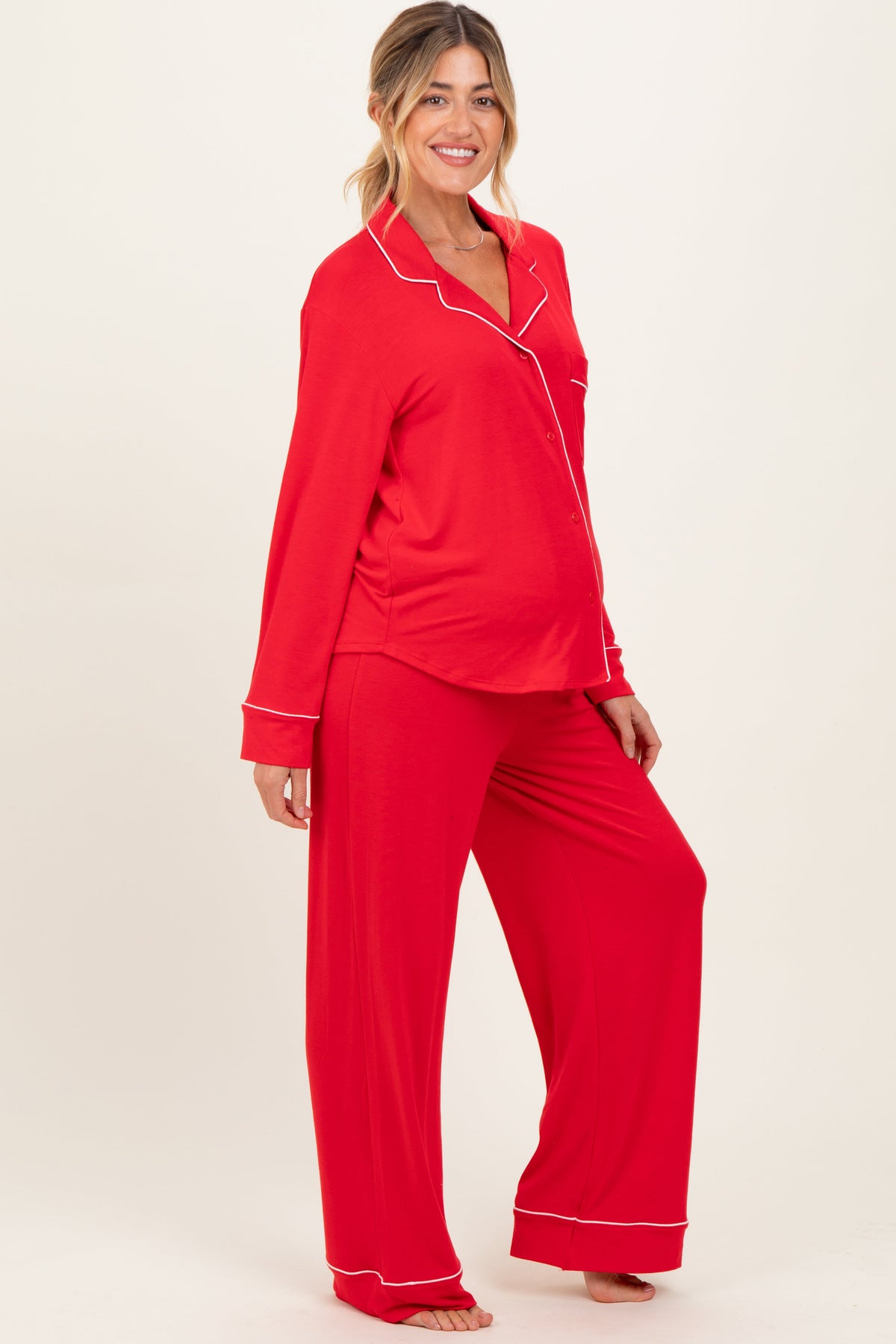 Red Button Down Top Wide Leg Pant Maternity Pajama Set