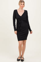 Black Ribbed Long Sleeve V-Neck Wrap Maternity Midi Dress