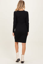 Black Ribbed Long Sleeve V-Neck Wrap Maternity Midi Dress