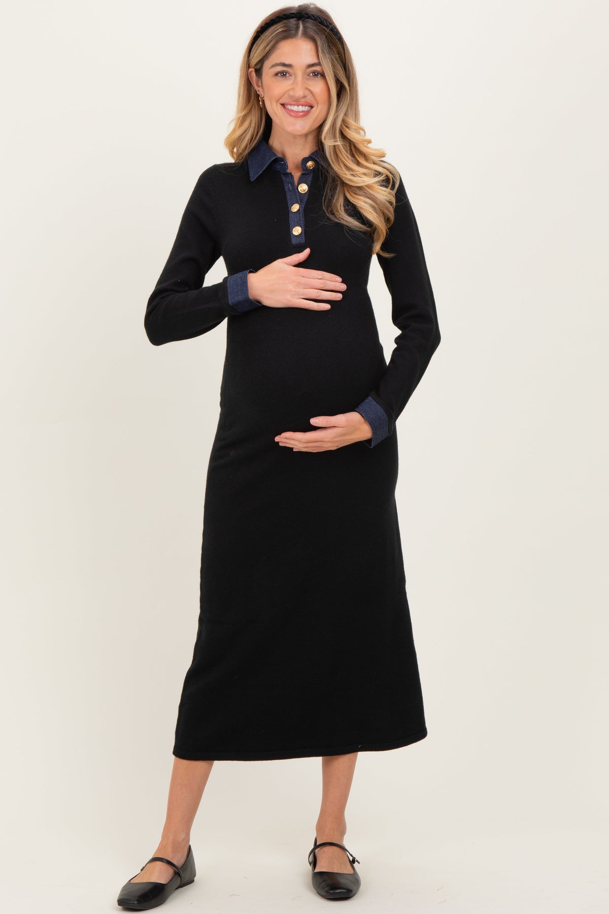 Black Denim Trim Maternity Knit Dress