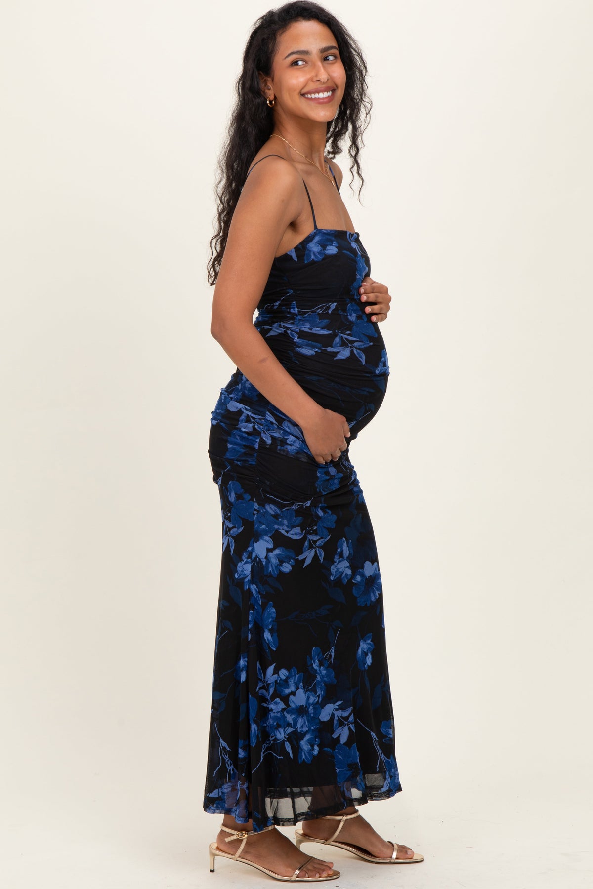 Black Floral Ruched Mesh Maternity Maxi Dress