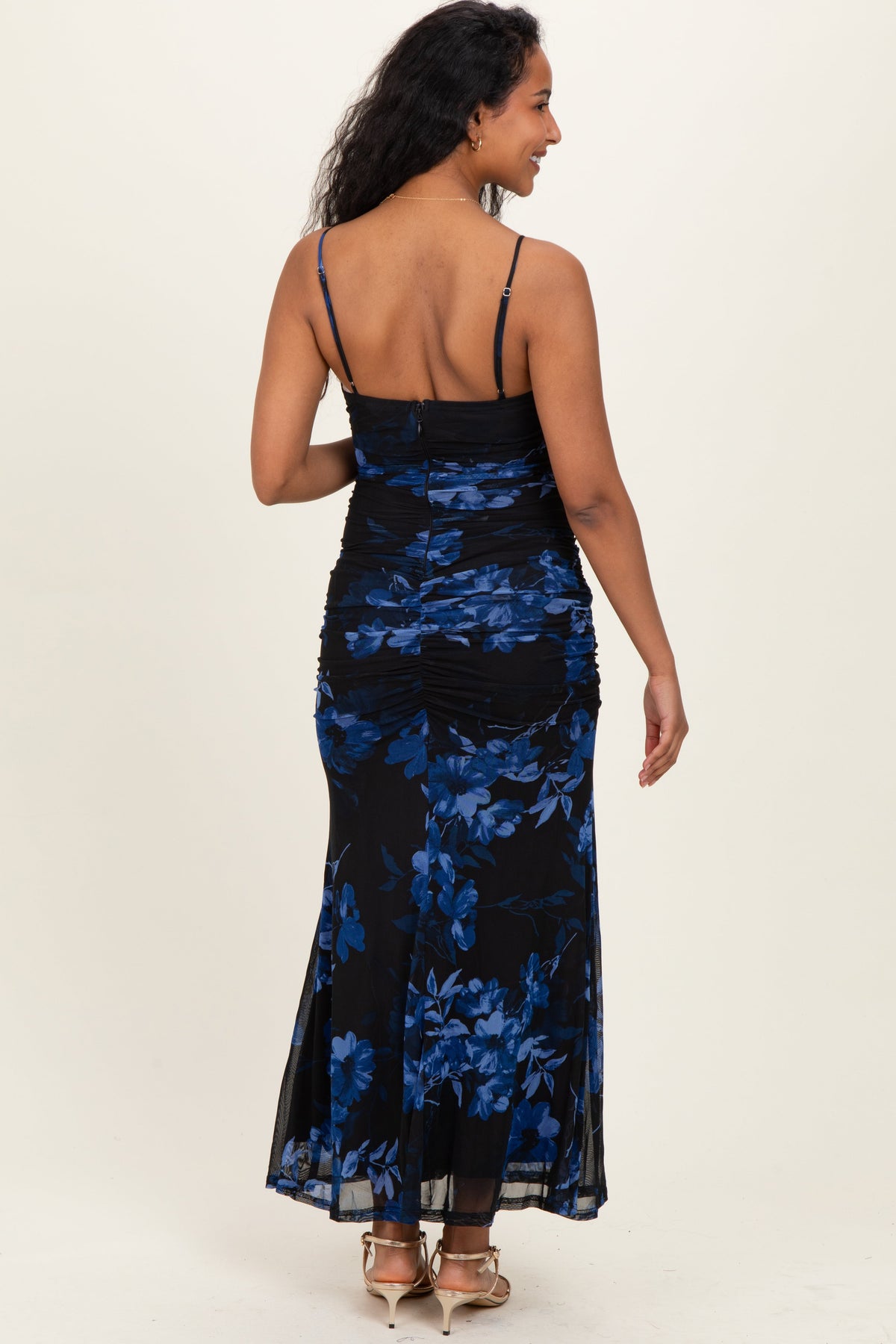 Black Floral Ruched Mesh Maternity Maxi Dress