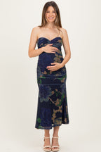 Navy Floral Mesh Ruched Maternity Midi Dress