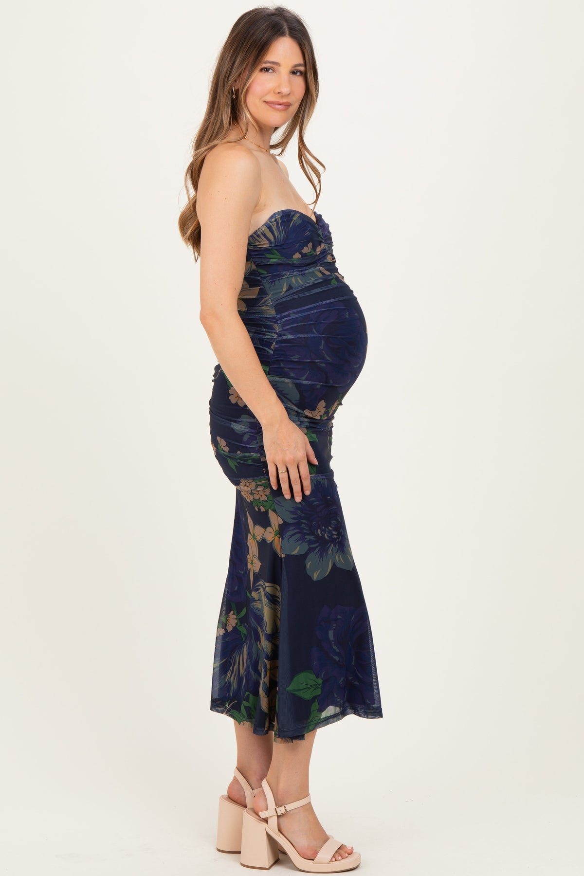Navy Floral Mesh Ruched Maternity Midi Dress