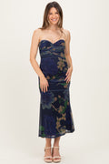 Navy Floral Mesh Ruched Maternity Midi Dress