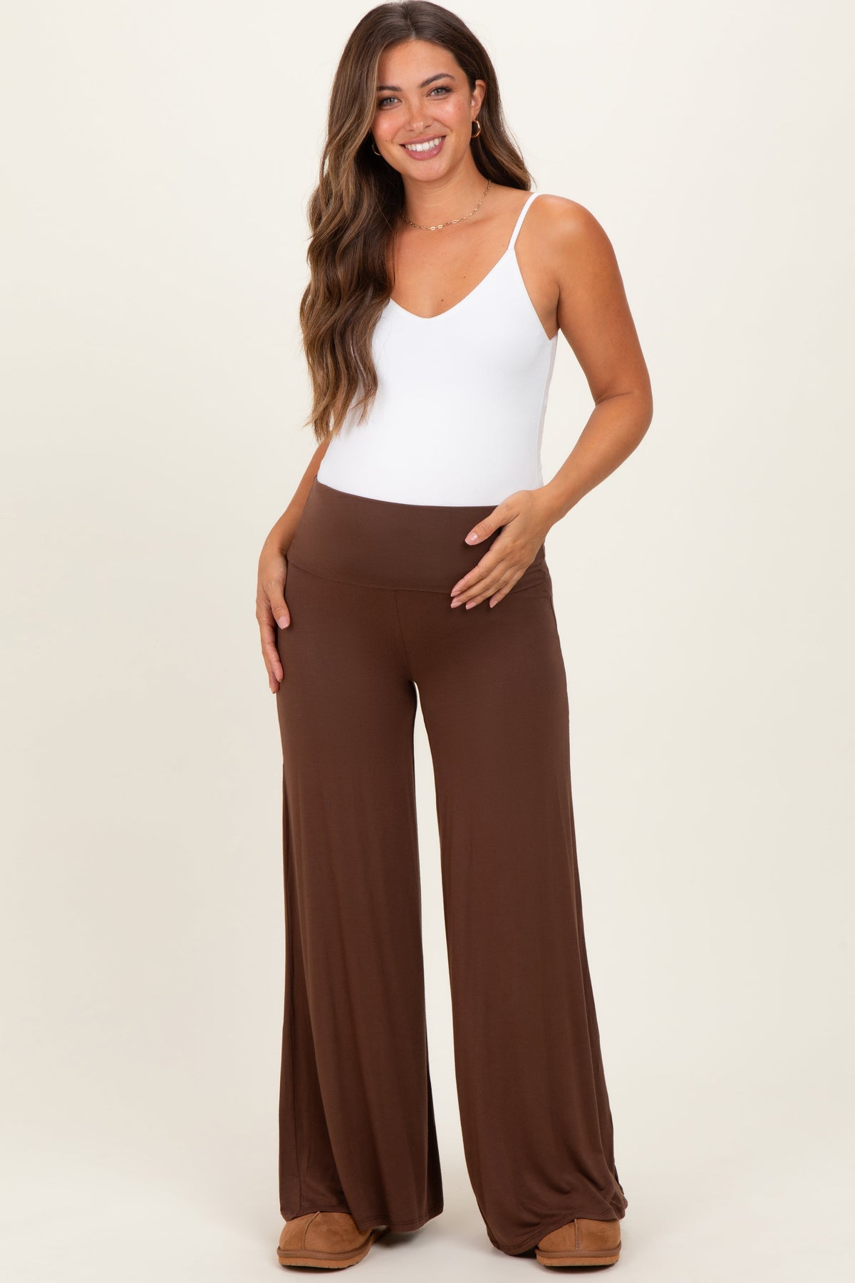 Brown Fold Over Waist Maternity Wide Leg Lounge Pants