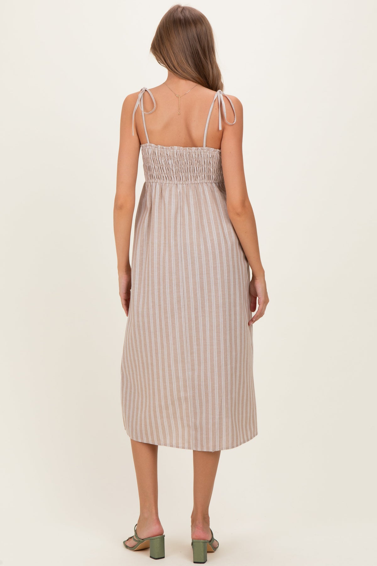 Mocha Striped Smocked Shoulder Tie Maternity Midi Dress