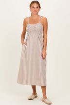 Mocha Striped Smocked Shoulder Tie Maternity Midi Dress