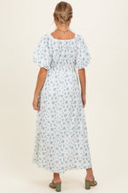 Ivory Floral Puff Sleeve Tie Front Maternity Midi Dress