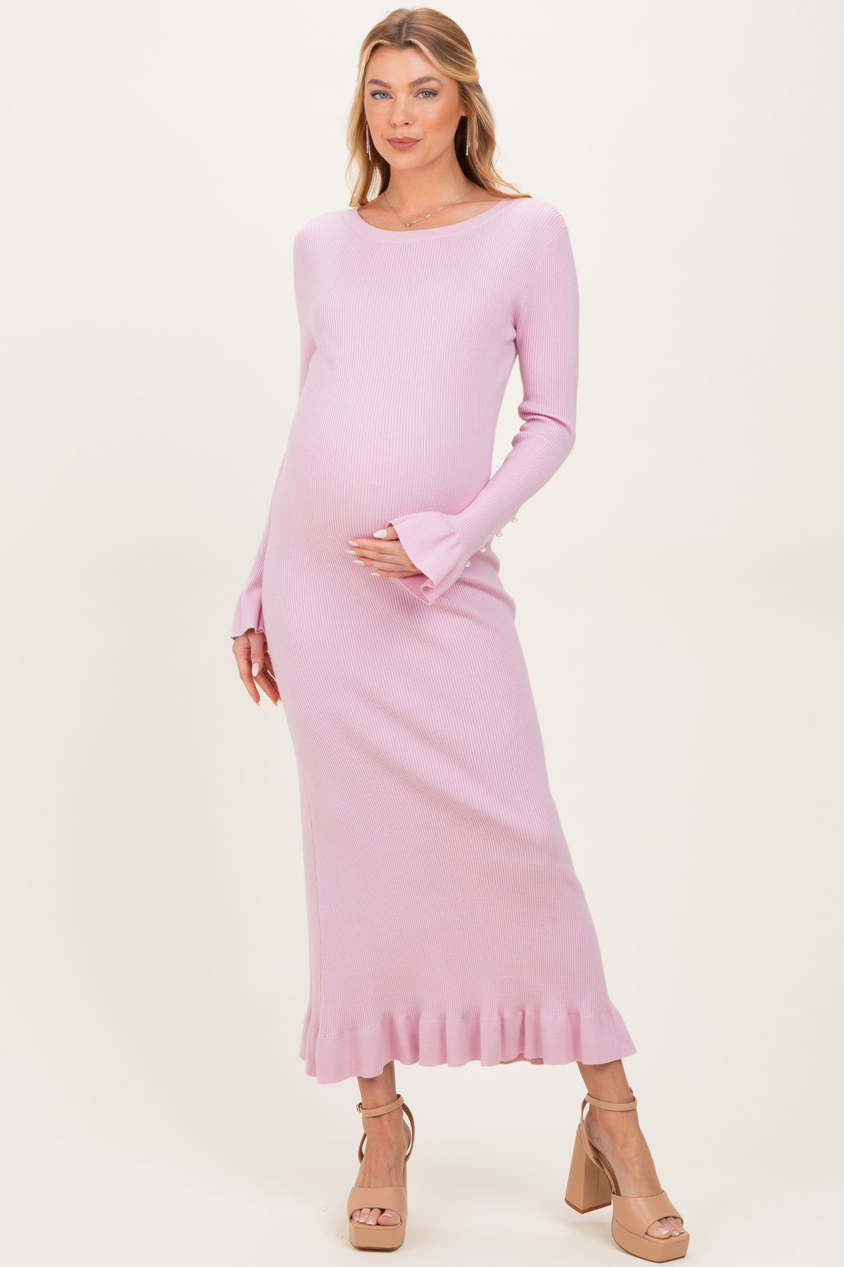 Light Pink Ribbed Knit Bow Back Maternity Maxi Dress