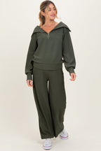 Olive Ribbed Half Zip Pullover Wide Leg Pant Maternity Set
