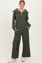 Olive Ribbed Half Zip Pullover Wide Leg Pant Maternity Set