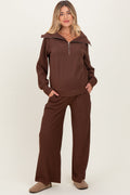 Brown Ribbed Half Zip Pullover Wide Leg Pant Maternity Set