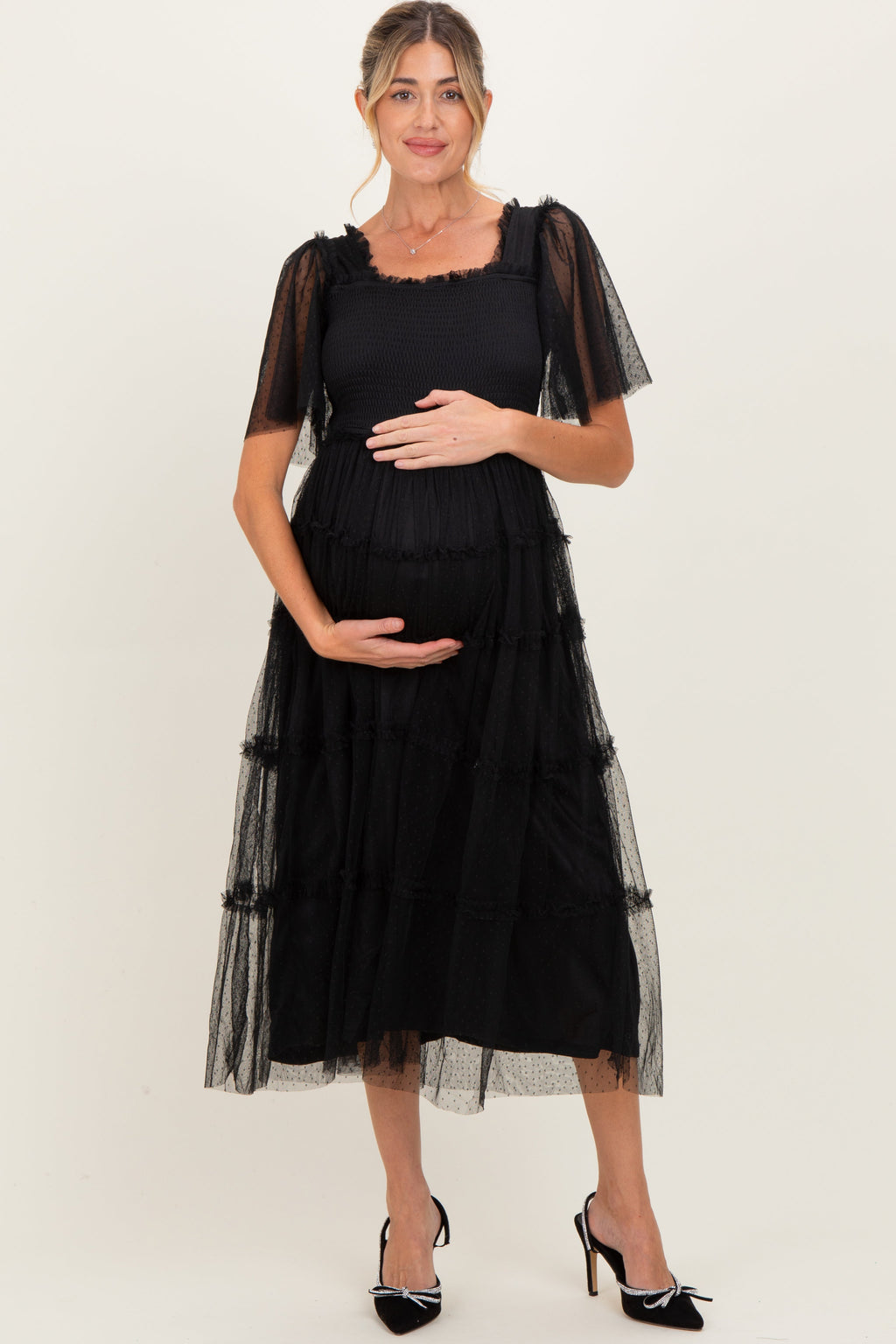 Black Ruffled Mesh Maternity Maxi Dress