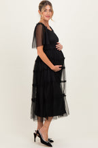 Black Ruffled Mesh Maternity Maxi Dress