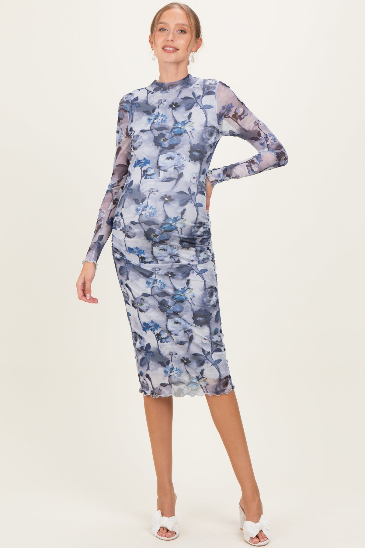 Blue Floral Mesh Long Sleeve Maternity Midi Dress