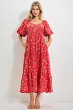 Red Floral Tiered Puff Sleeve Maternity Midi Dress