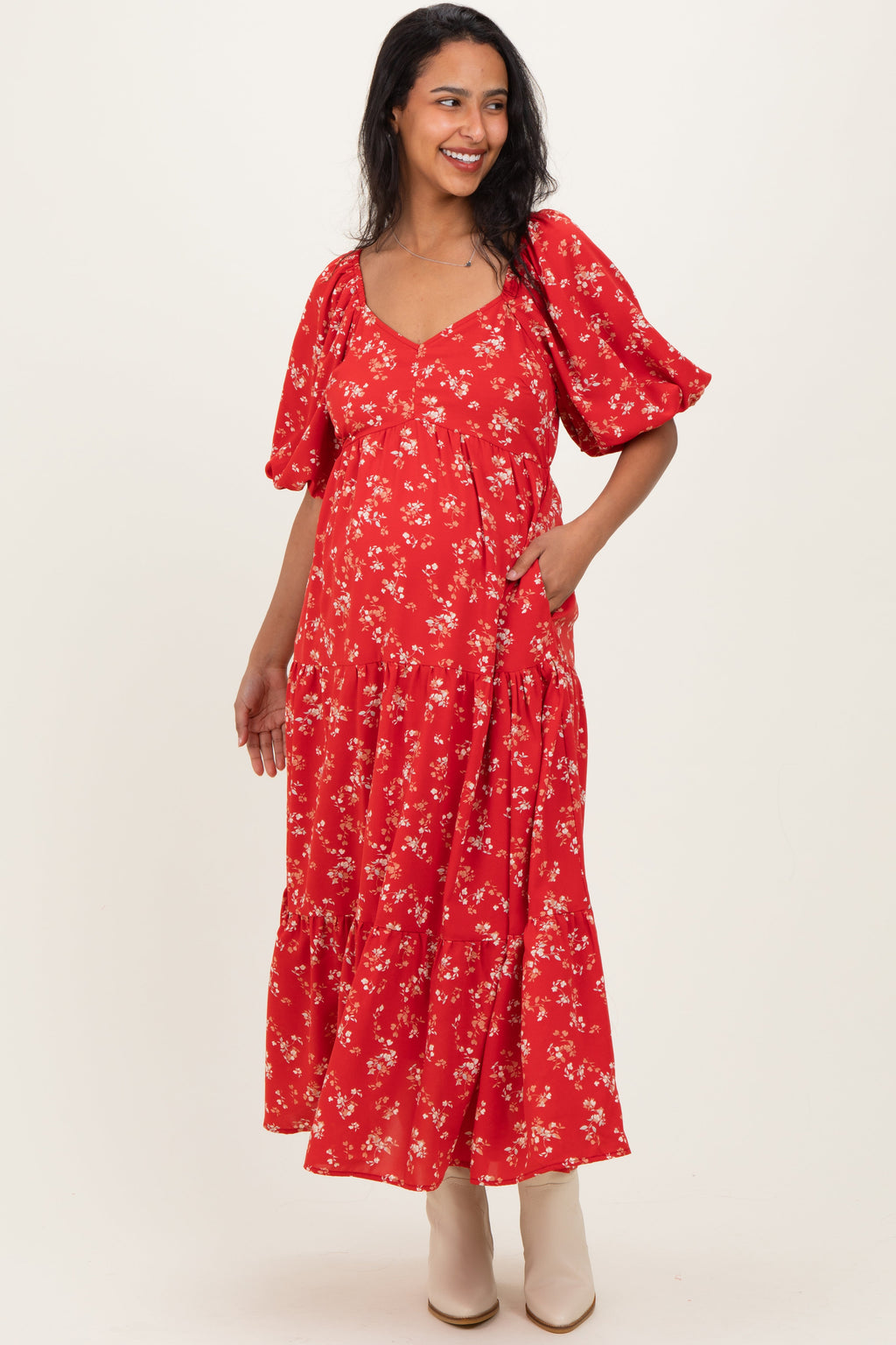 Red Floral Tiered Puff Sleeve Maternity Midi Dress