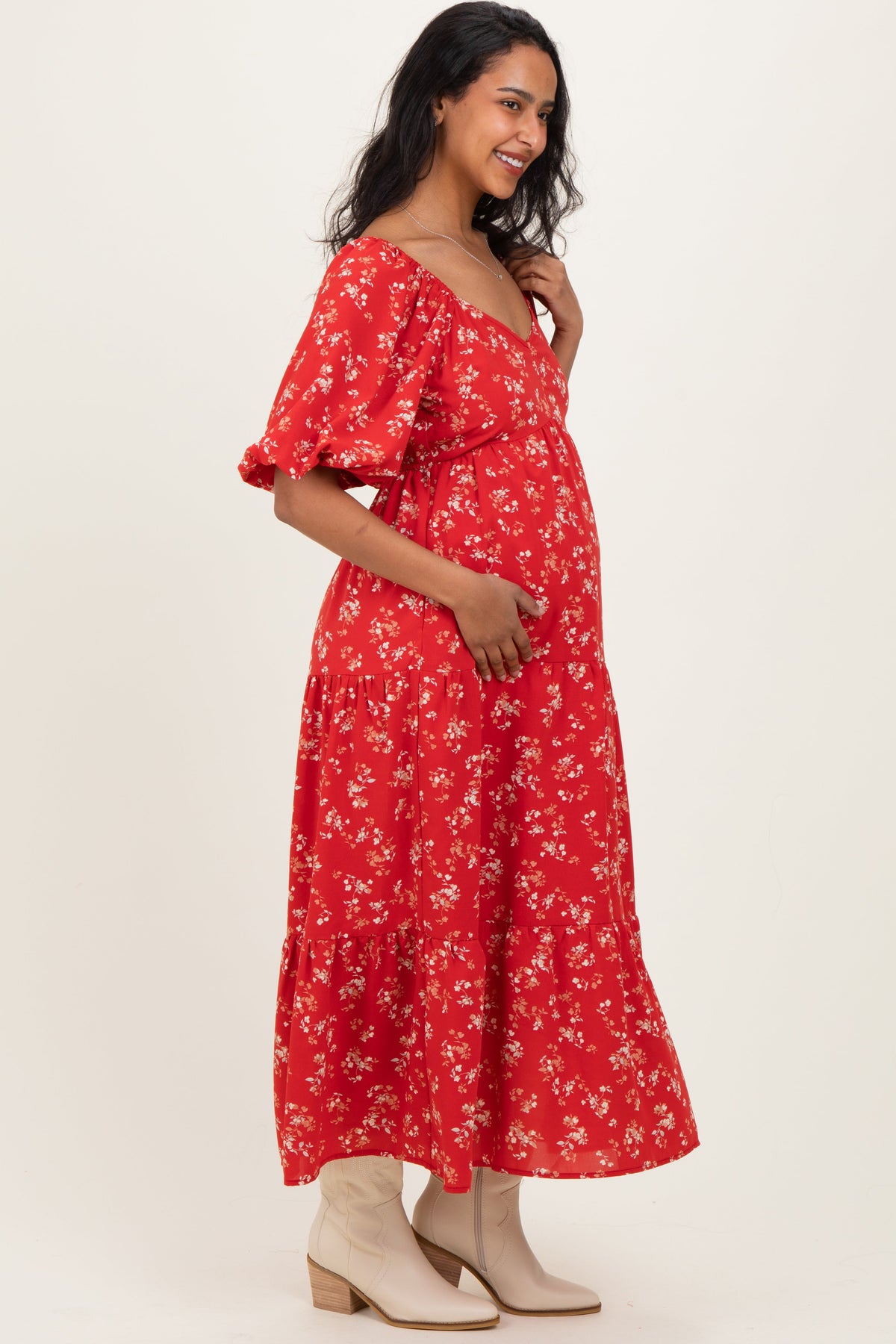 Red Floral Tiered Puff Sleeve Maternity Midi Dress