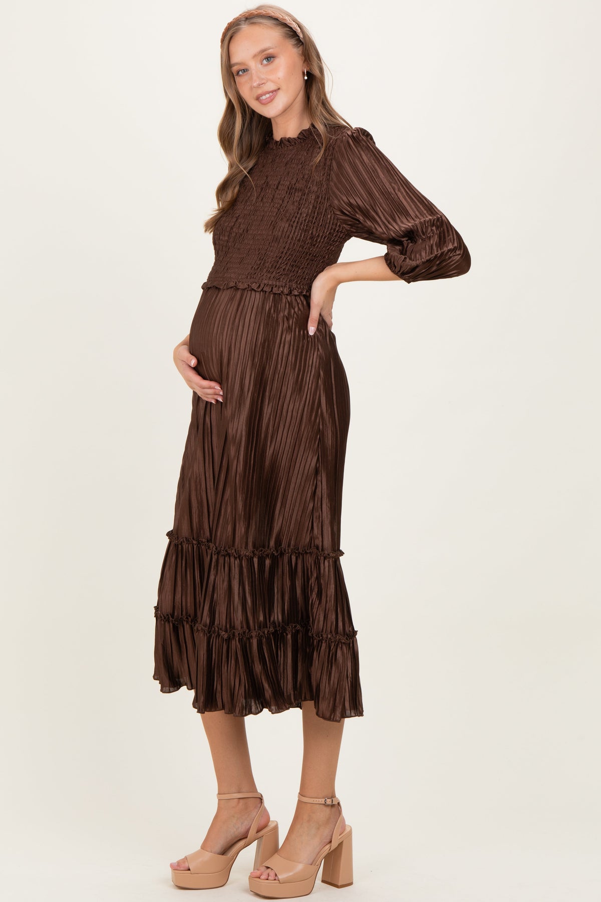 Brown Pleated Satin Smocked Bodice Maternity Midi Dress
