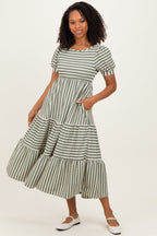 Dusty Olive/ Cream Striped Short Sleeve Tiered Maternity Maxi Dress