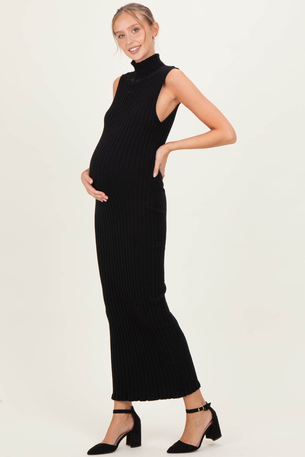 Black Turtleneck Ribbed Knit Sleeveless Maternity Maxi Dress