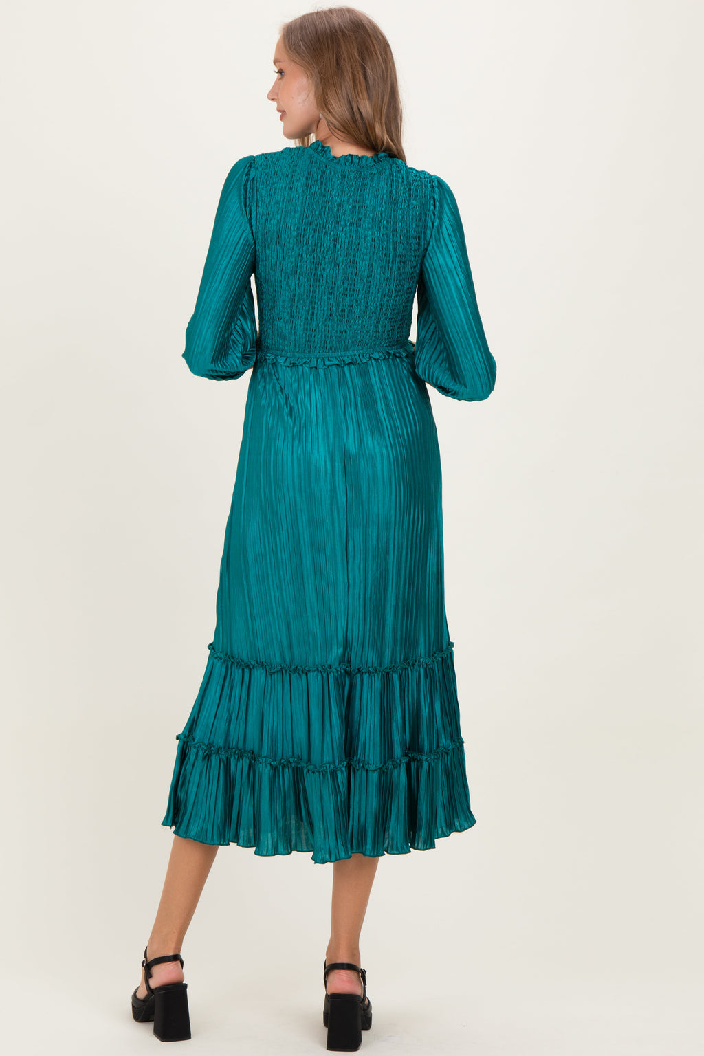 Forest Green Pleated Satin Smocked Bodice Maternity Midi Dress