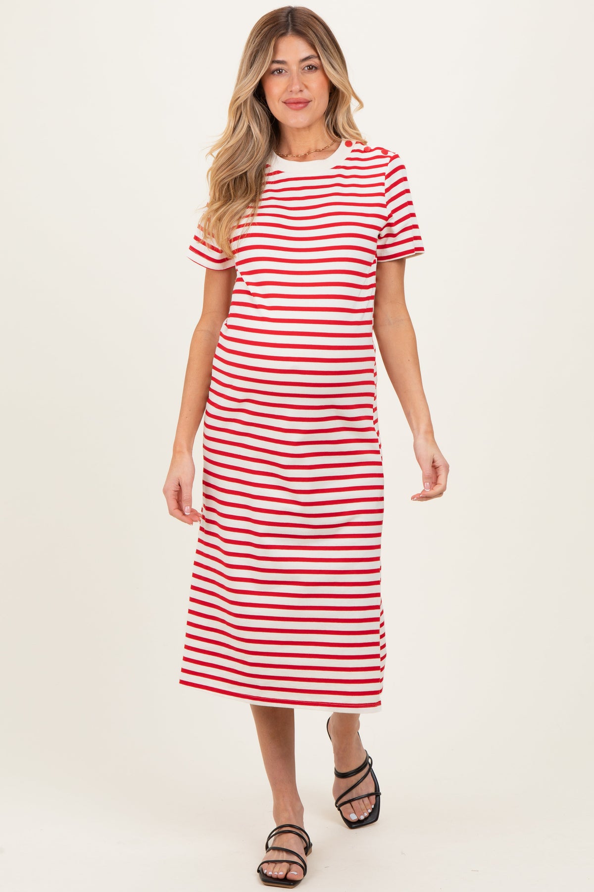 Red Striped Short Sleeve Maternity Midi Dress