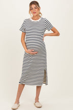 Navy Striped Short Sleeve Maternity Midi Dress