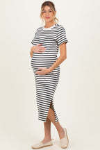 Navy Striped Short Sleeve Maternity Midi Dress