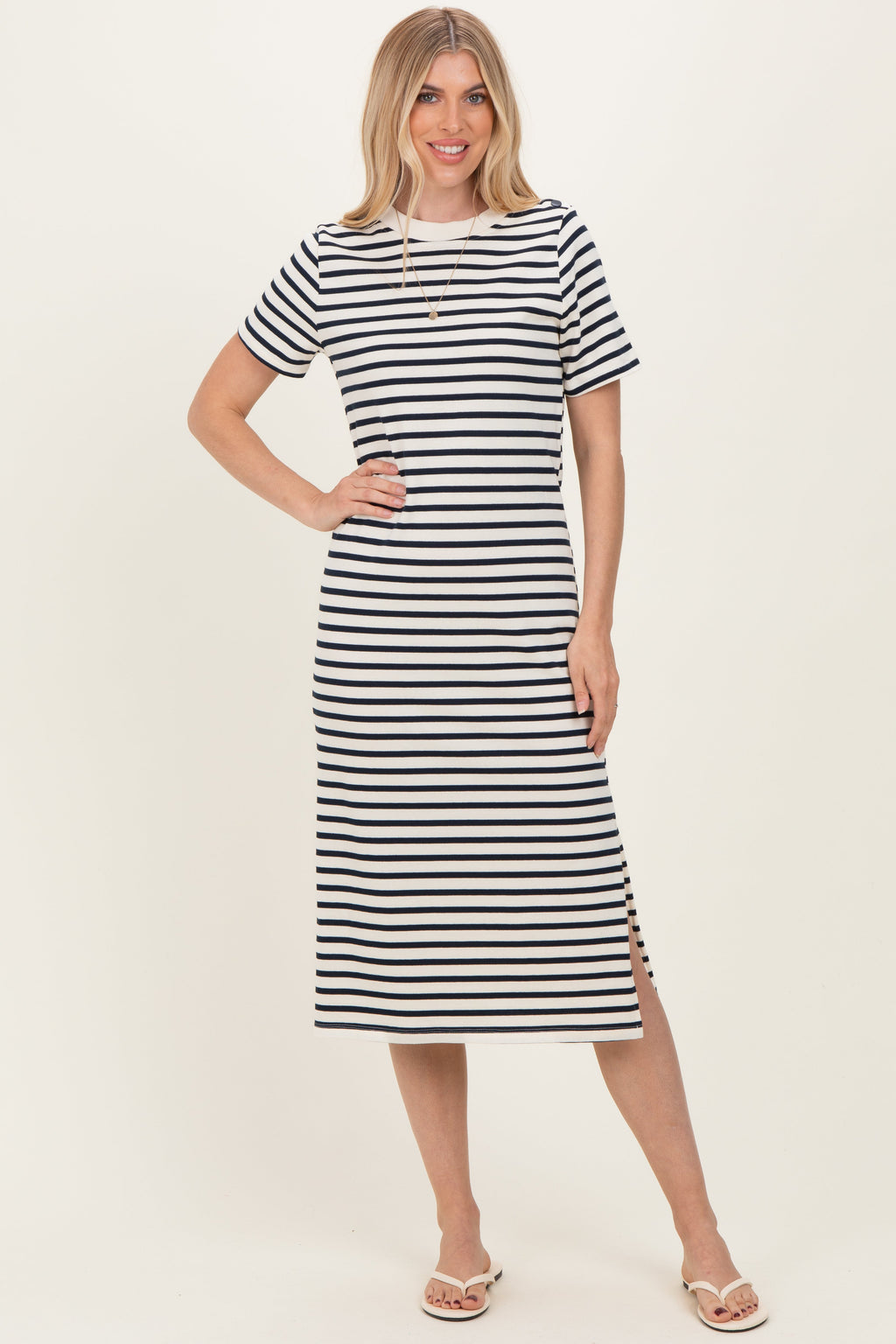 Navy Striped Short Sleeve Maternity Midi Dress