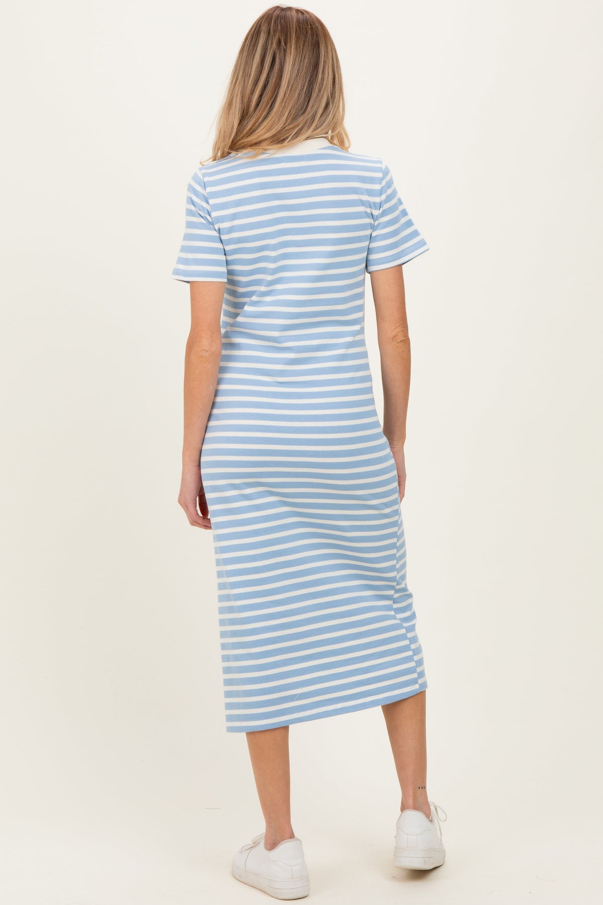 Light Blue Striped Short Sleeve Maternity Midi Dress