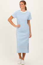 Light Blue Striped Short Sleeve Maternity Midi Dress
