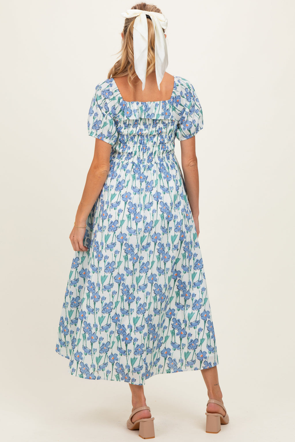 Blue Floral Smocked Ruffle Accent Maternity Midi Dress