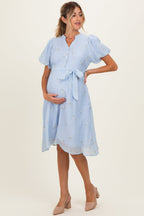 Blue Floral Embroidered Tie Waist Maternity Dress