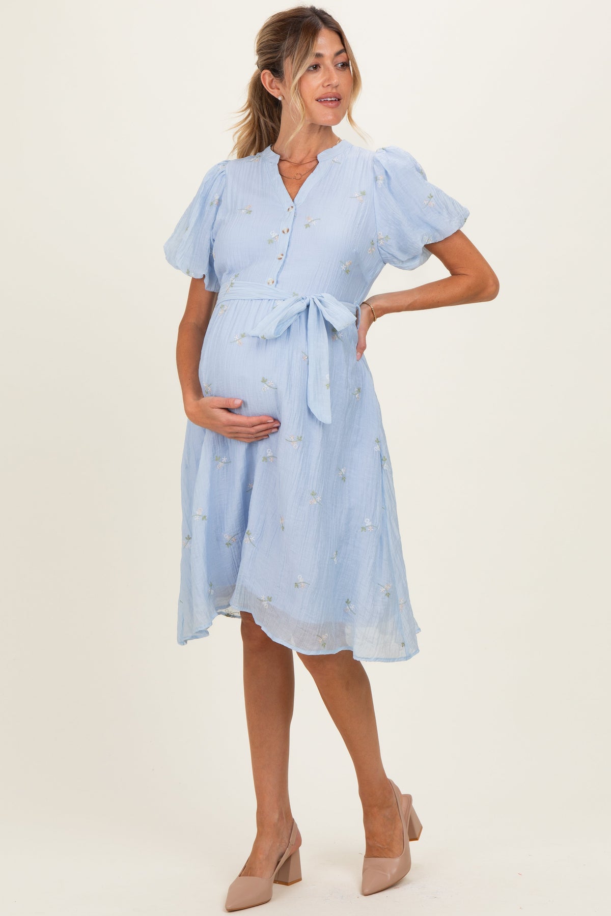Blue Floral Embroidered Tie Waist Maternity Dress