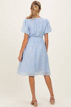 Blue Floral Embroidered Tie Waist Maternity Dress