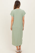 Sage Striped Button Detail Maternity Midi Dress