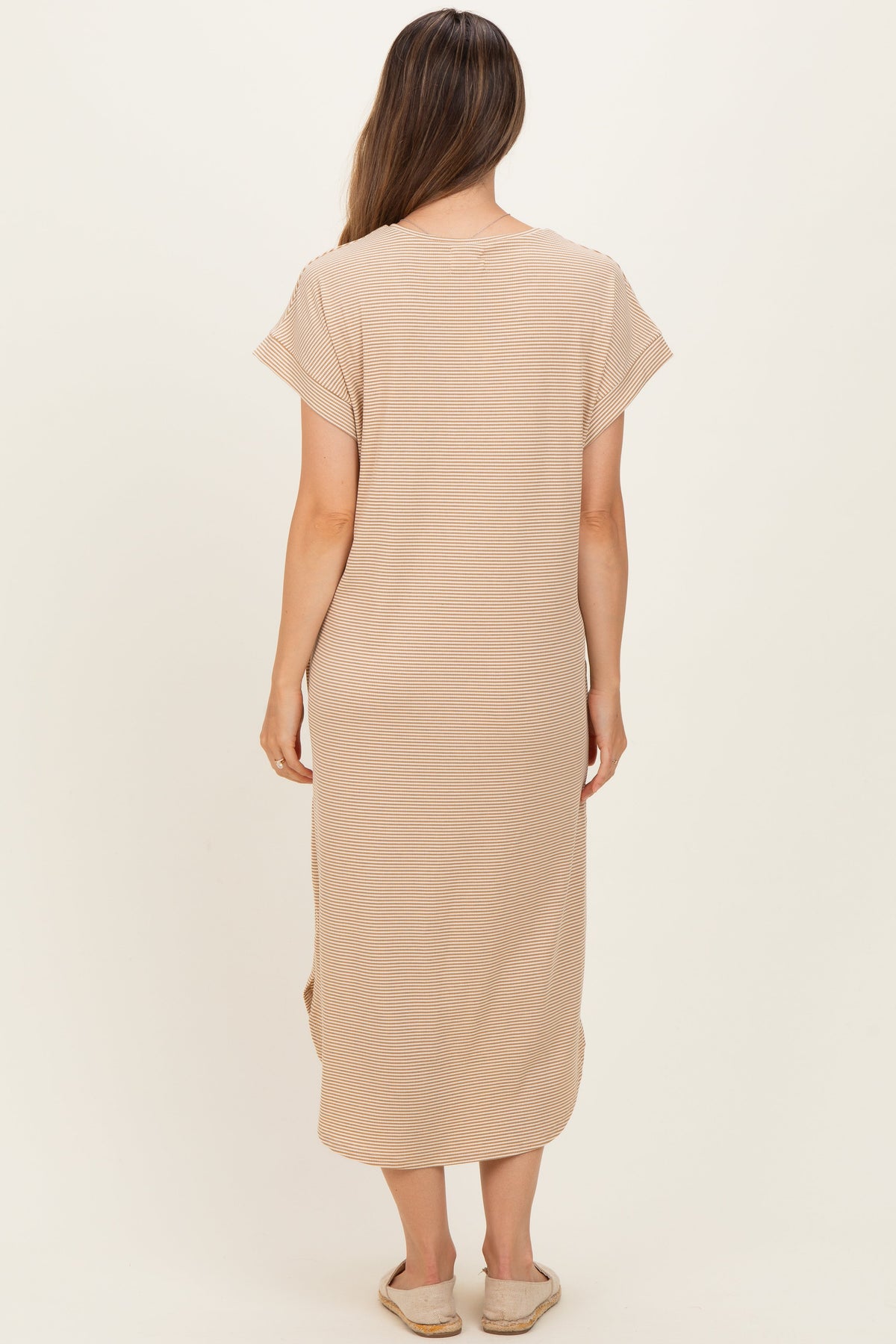 Camel Striped Button Detail Maternity Midi Dress