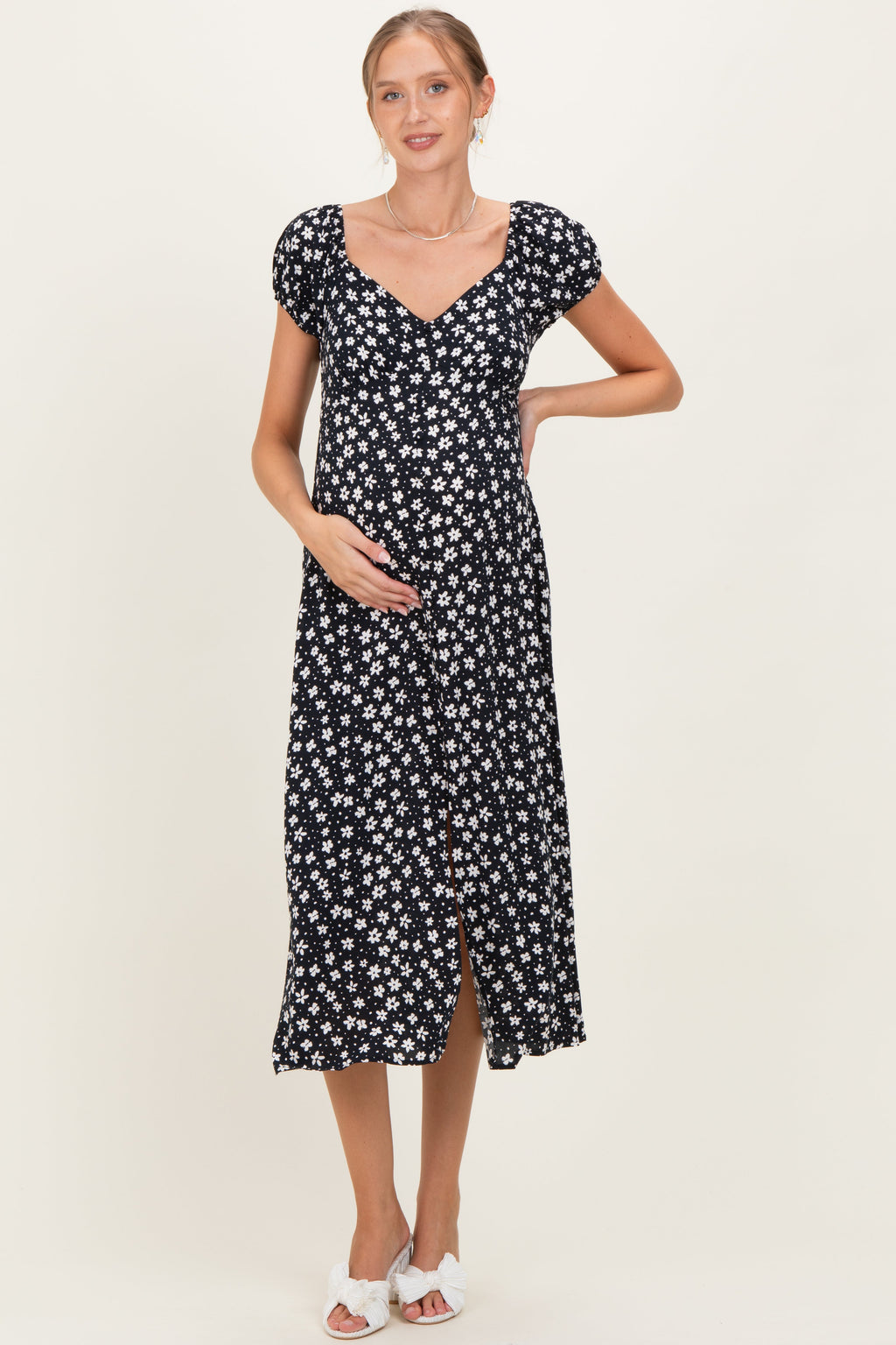 Black Floral V-Neck Button Detail Maternity Midi Dress