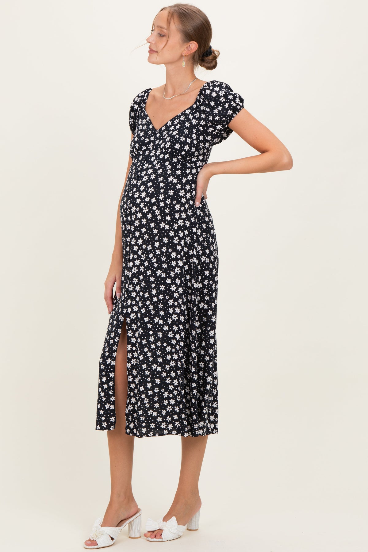 Black Floral V-Neck Button Detail Maternity Midi Dress