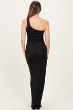 Black Glitter One Shoulder Side Slit Maternity Maxi Dress