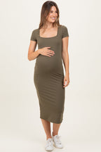 Olive Square Neck Basic Maternity Midi Dress