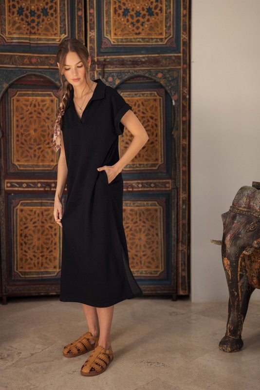 Black Collared Oversized Maternity Midi Dress