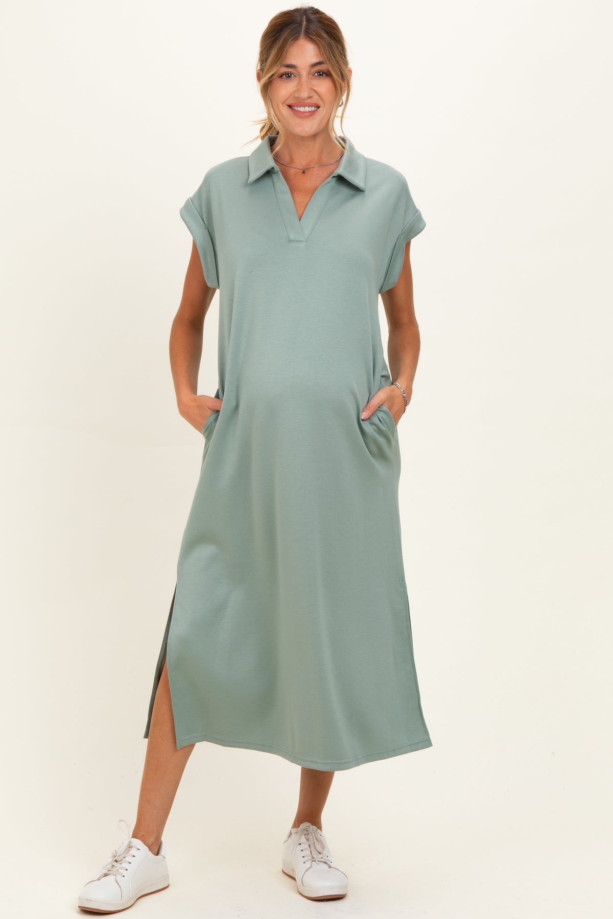 Sage Collared Oversized Maternity Midi Dress