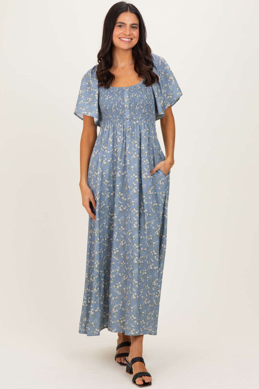 Grey Floral Smocked Flutter Sleeve Maternity Midi Dress